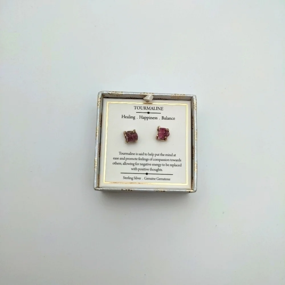 Raw Pink Tourmaline 925 Silver Stud Earrings NIB